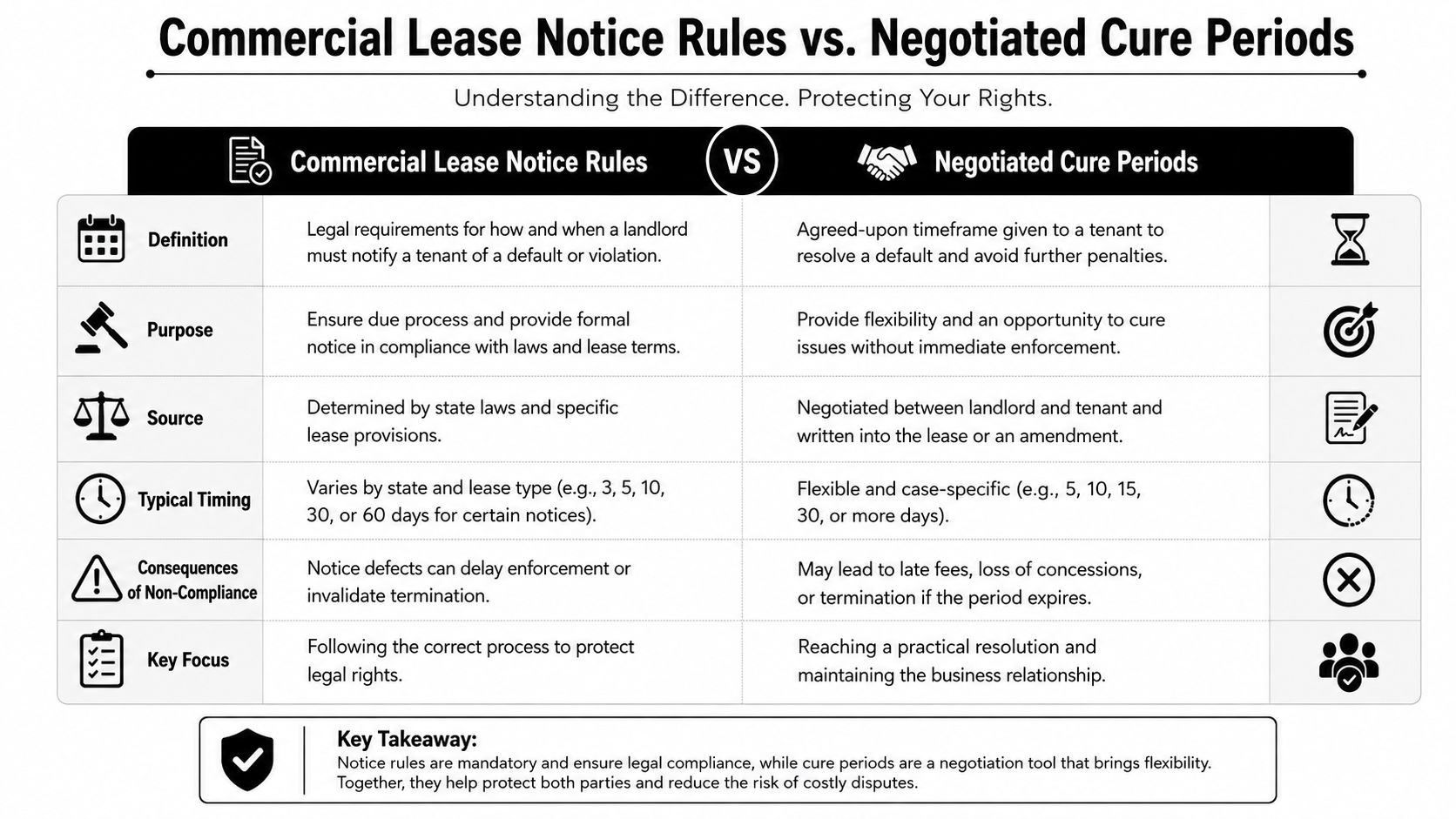 A comparison chart explaining the differences between commercial lease notice rules and negotiated cure periods.