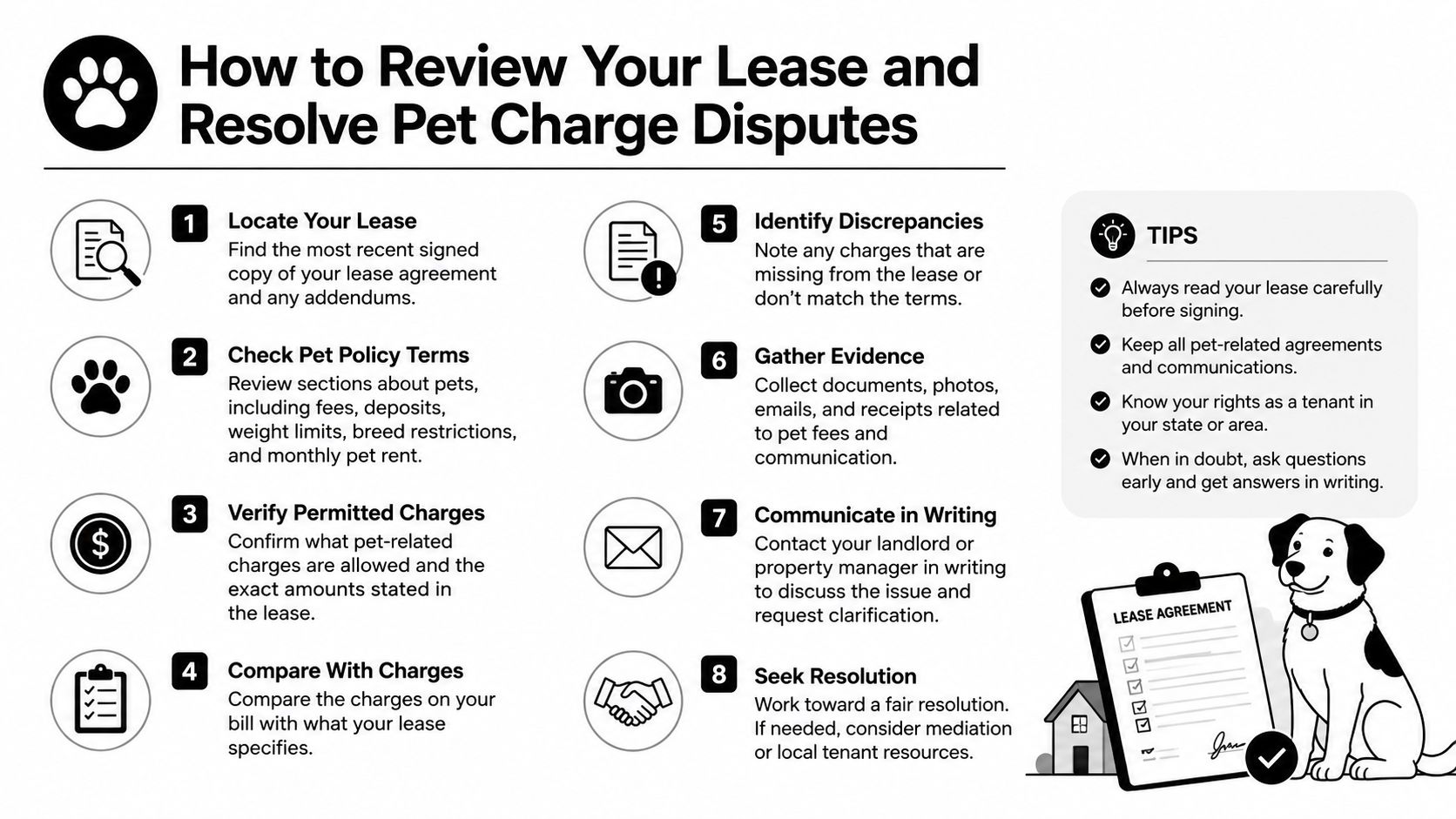 An infographic detailing eight steps to review your lease and resolve disputes regarding pet charges.