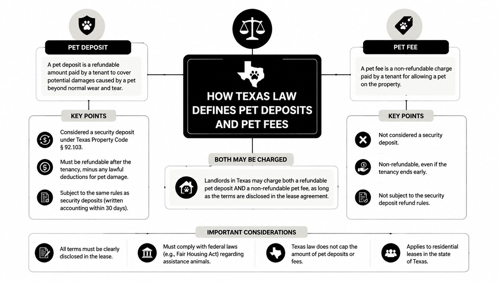 A diagram explaining the difference between refundable pet deposits and non-refundable pet fees under Texas rental laws.