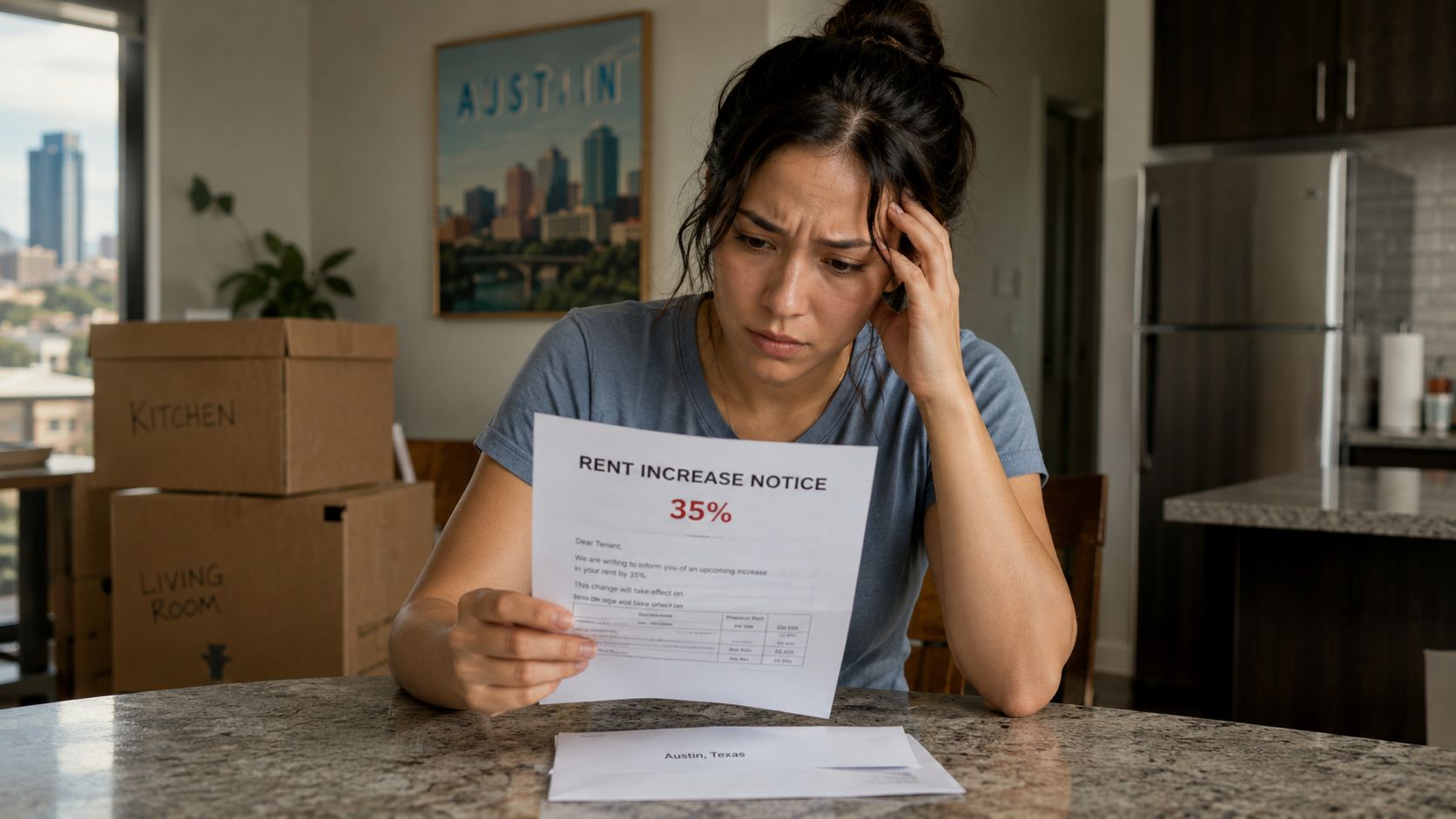 A woman looks distressed while holding a rent increase notice in a room with moving boxes.