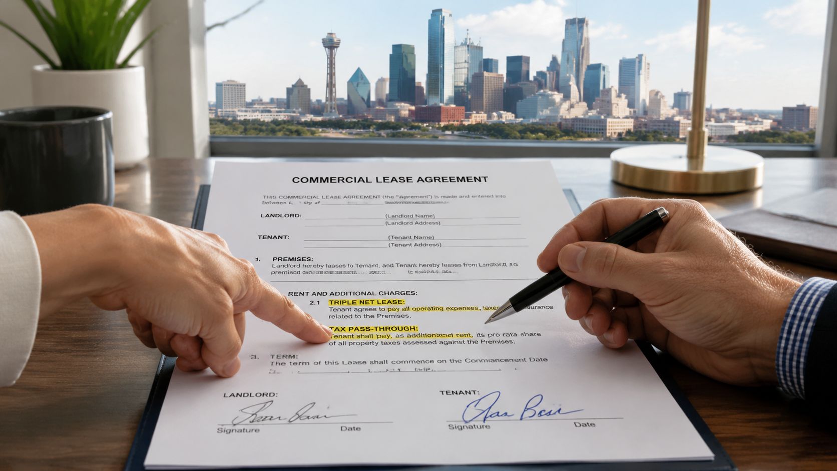 A close-up view of two people reviewing a commercial lease agreement regarding Texas rental property tax responsibility.