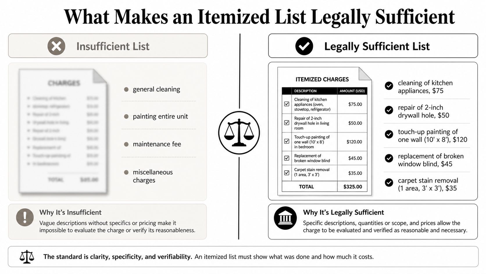 A comparative infographic showing an insufficient vs a legally sufficient itemized list for security deposit deductions.