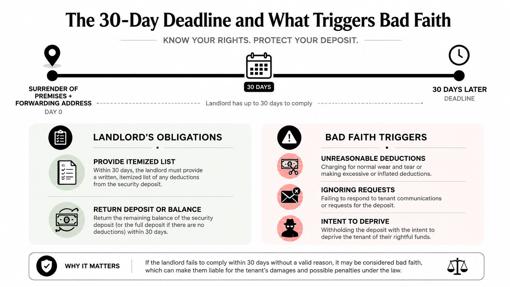 An infographic explaining the 30-day landlord security deposit refund process, obligations, and common bad faith triggers.