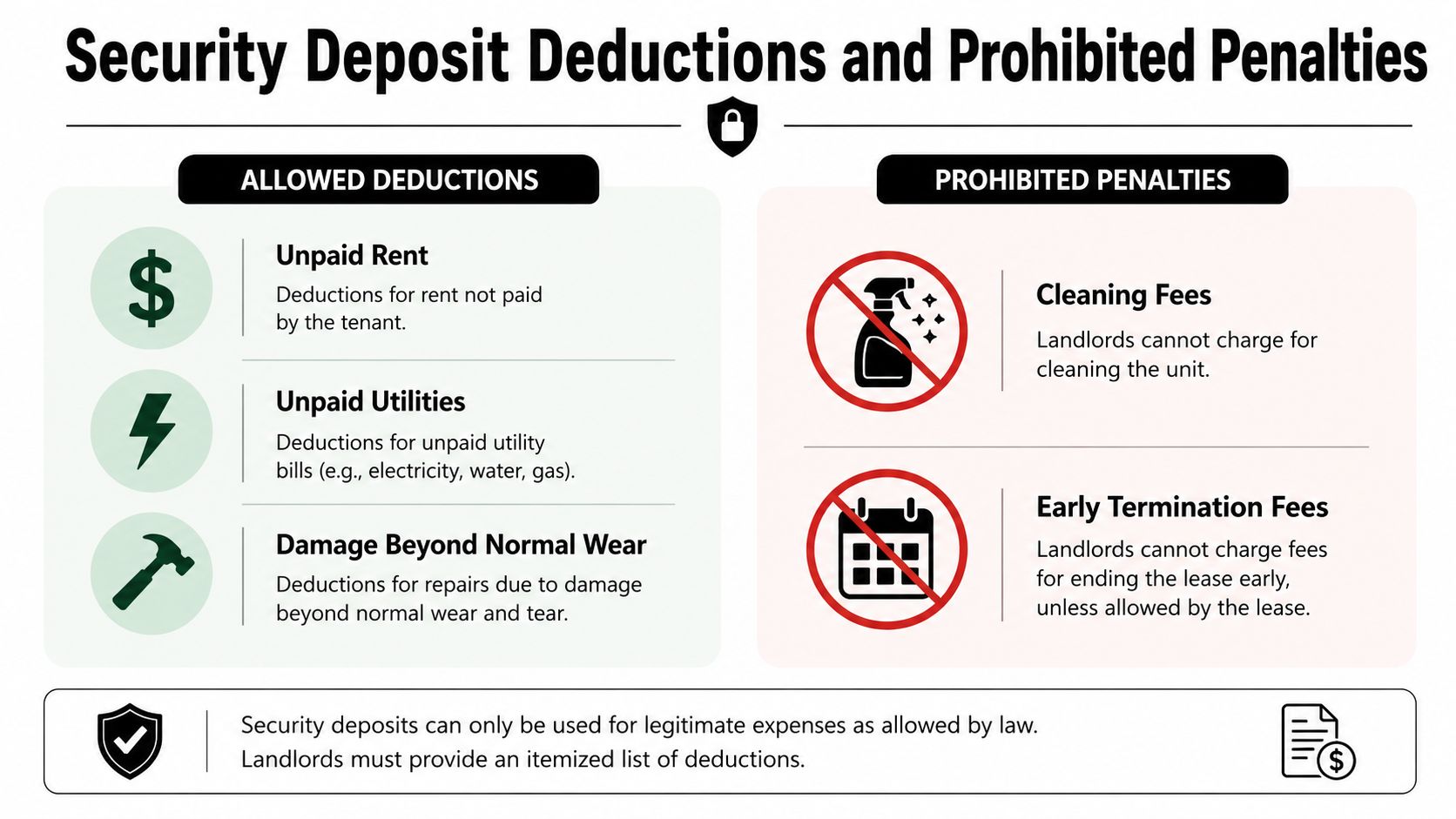 An infographic titled Security Deposit Deductions and Prohibited Penalties outlining what landlords can and cannot charge tenants.