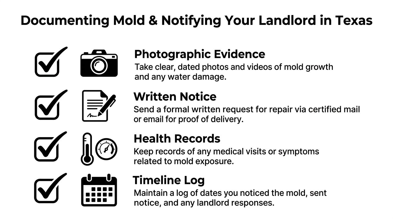 A checklist infographic providing instructions on documenting mold and notifying landlords in Texas, featuring four key steps.