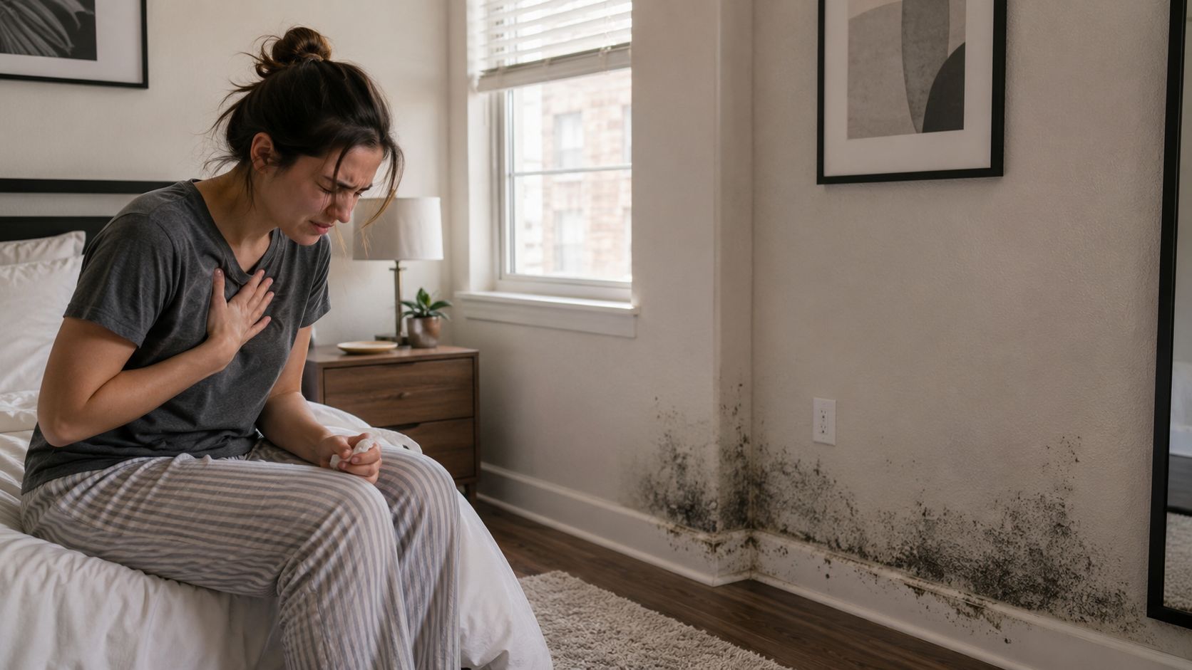 A distressed woman suffering from respiratory issues while sitting near a wall covered in black mold.