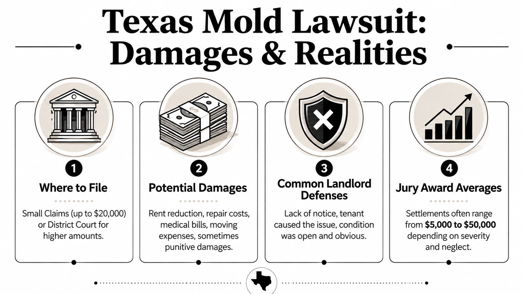 An infographic titled Texas Mold Lawsuit Damages and Realities, detailing legal options, potential damages, landlord defenses, and awards.