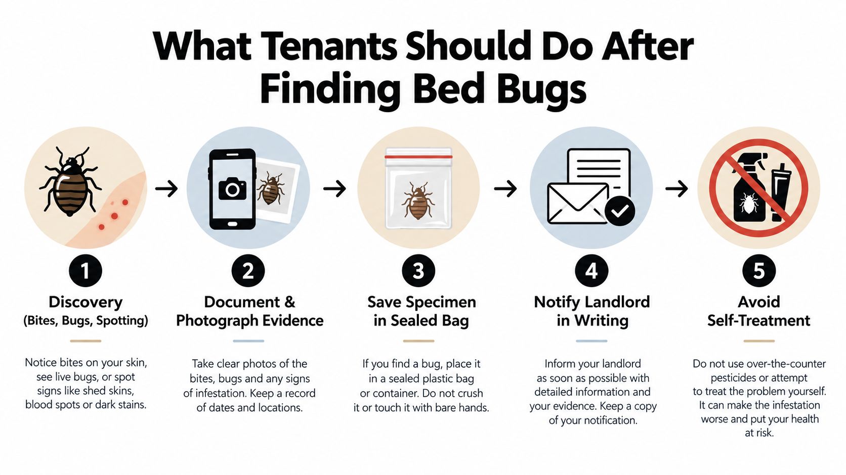 An infographic showing five steps for tenants to follow after discovering a bed bug infestation at home.