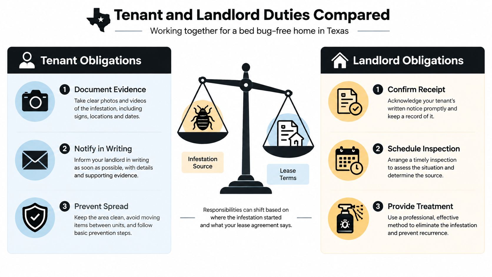 An infographic comparing tenant and landlord responsibilities for addressing bed bug infestations in Texas homes.