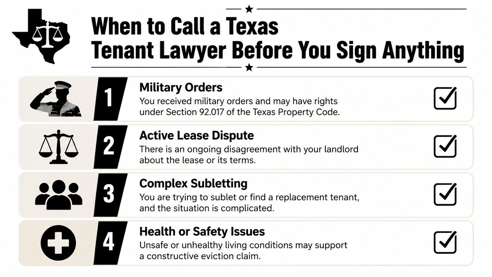 A list of four reasons to contact a Texas tenant lawyer before signing a lease agreement.