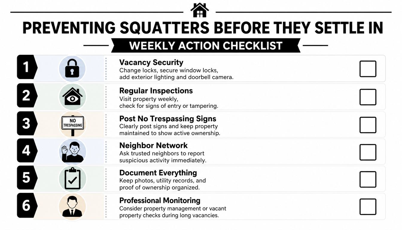 A checklist of six preventative measures to keep squatters from settling in vacant properties.