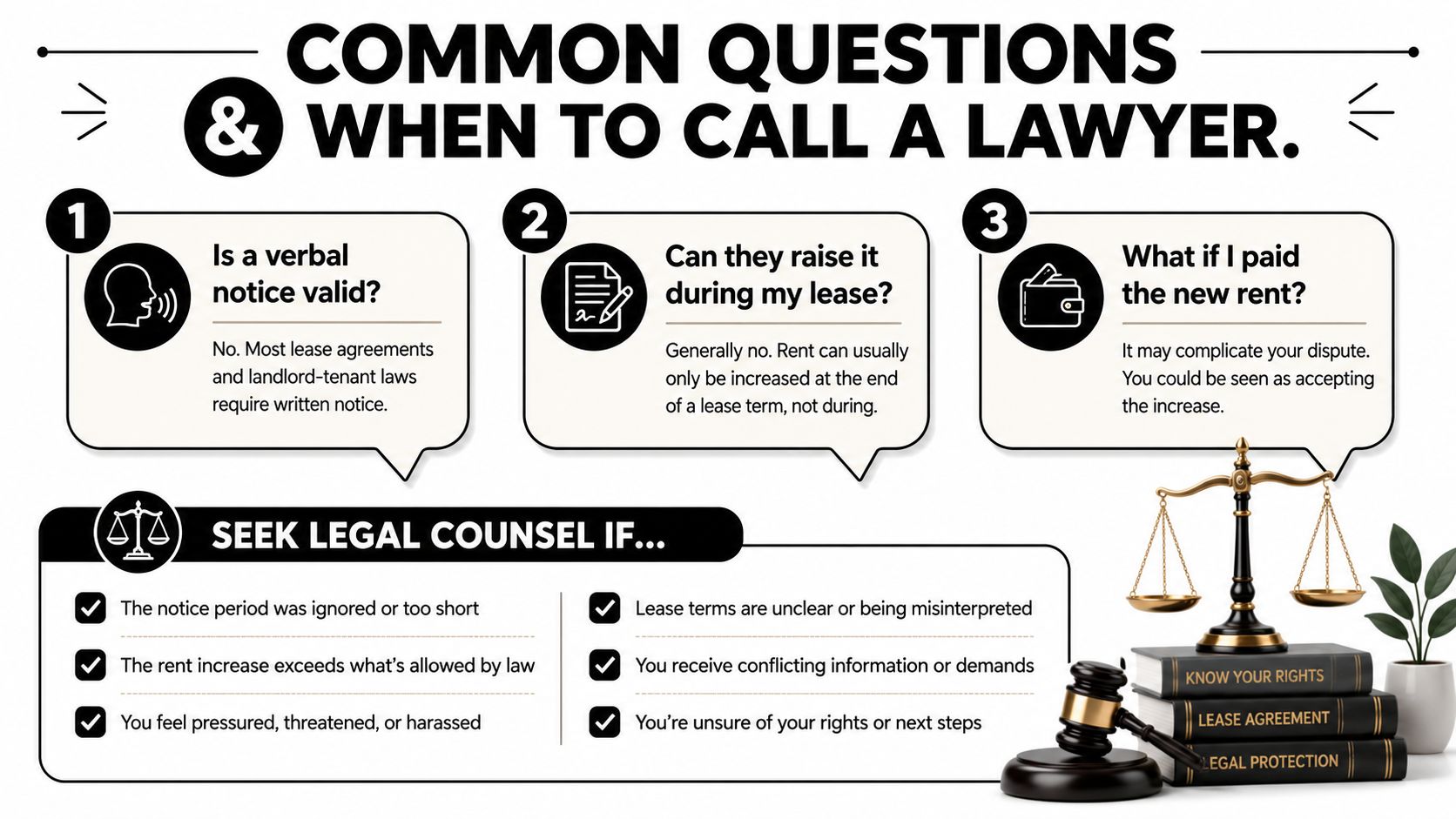 An infographic titled Common Questions and When to Call a Lawyer explaining tenant rights regarding rent increases.