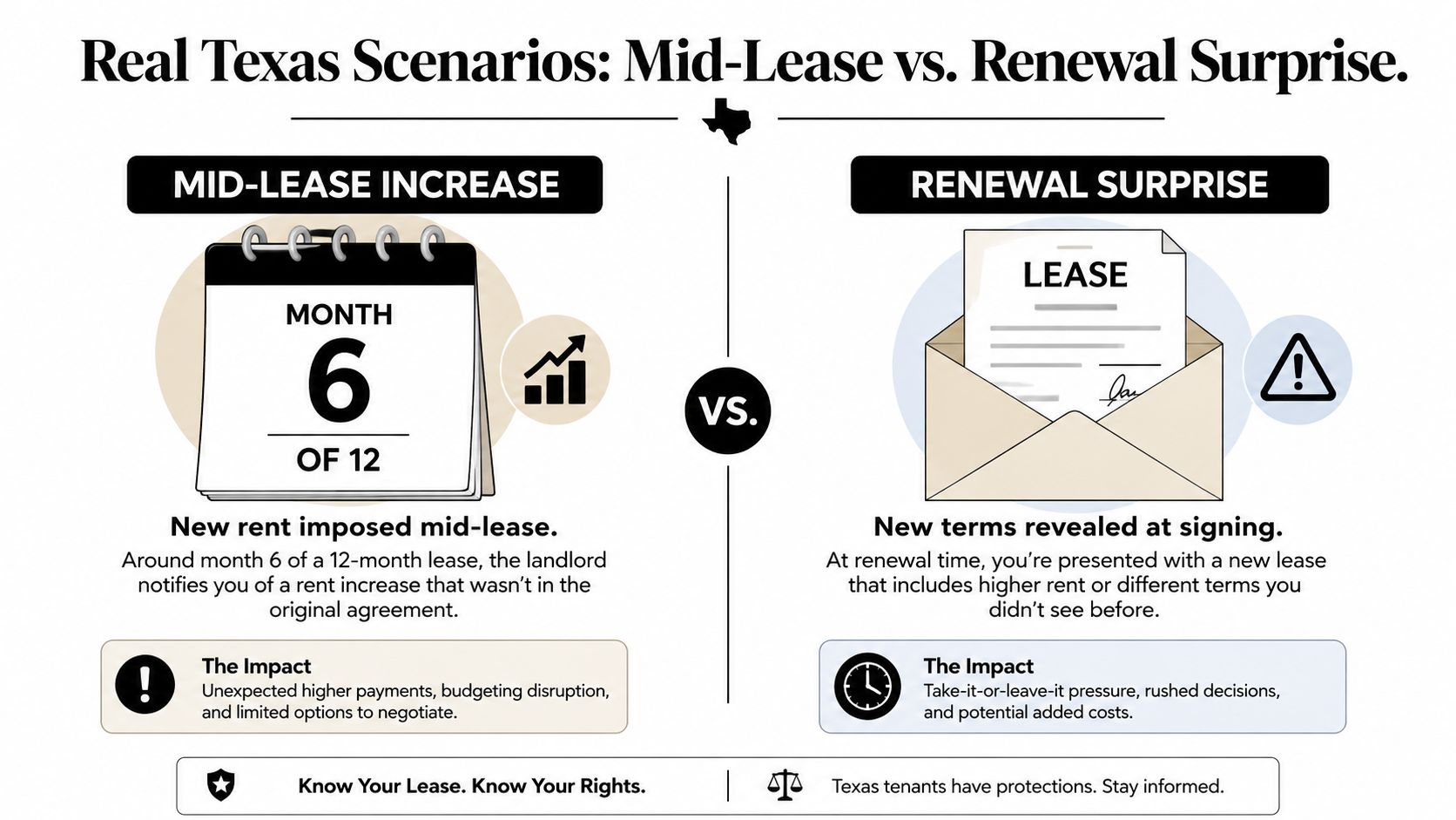 An infographic illustrating mid-lease rent increases versus renewal surprises for tenants in Texas.