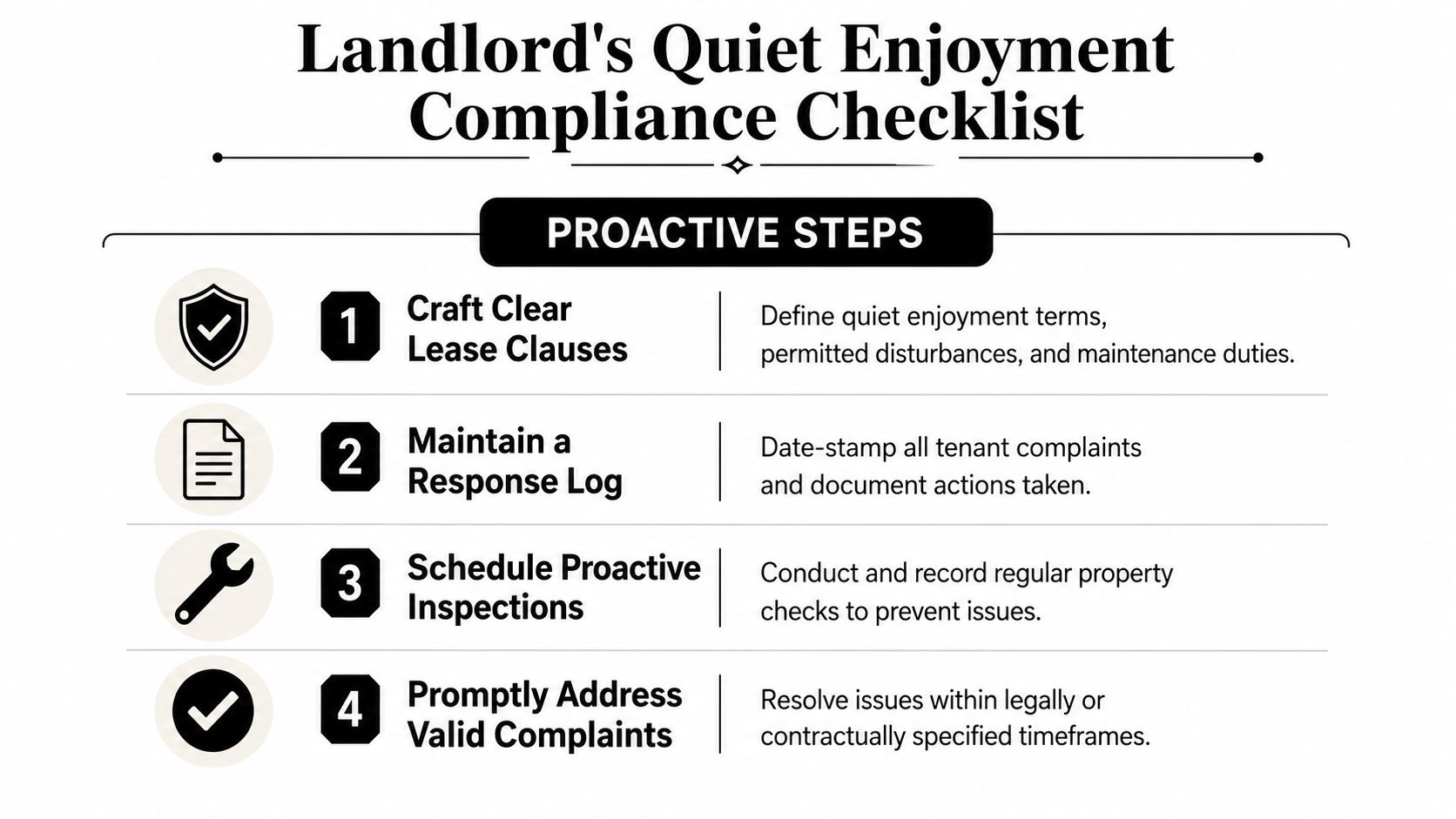 A four-step checklist for landlords to maintain compliance with tenant quiet enjoyment rights through proactive measures.