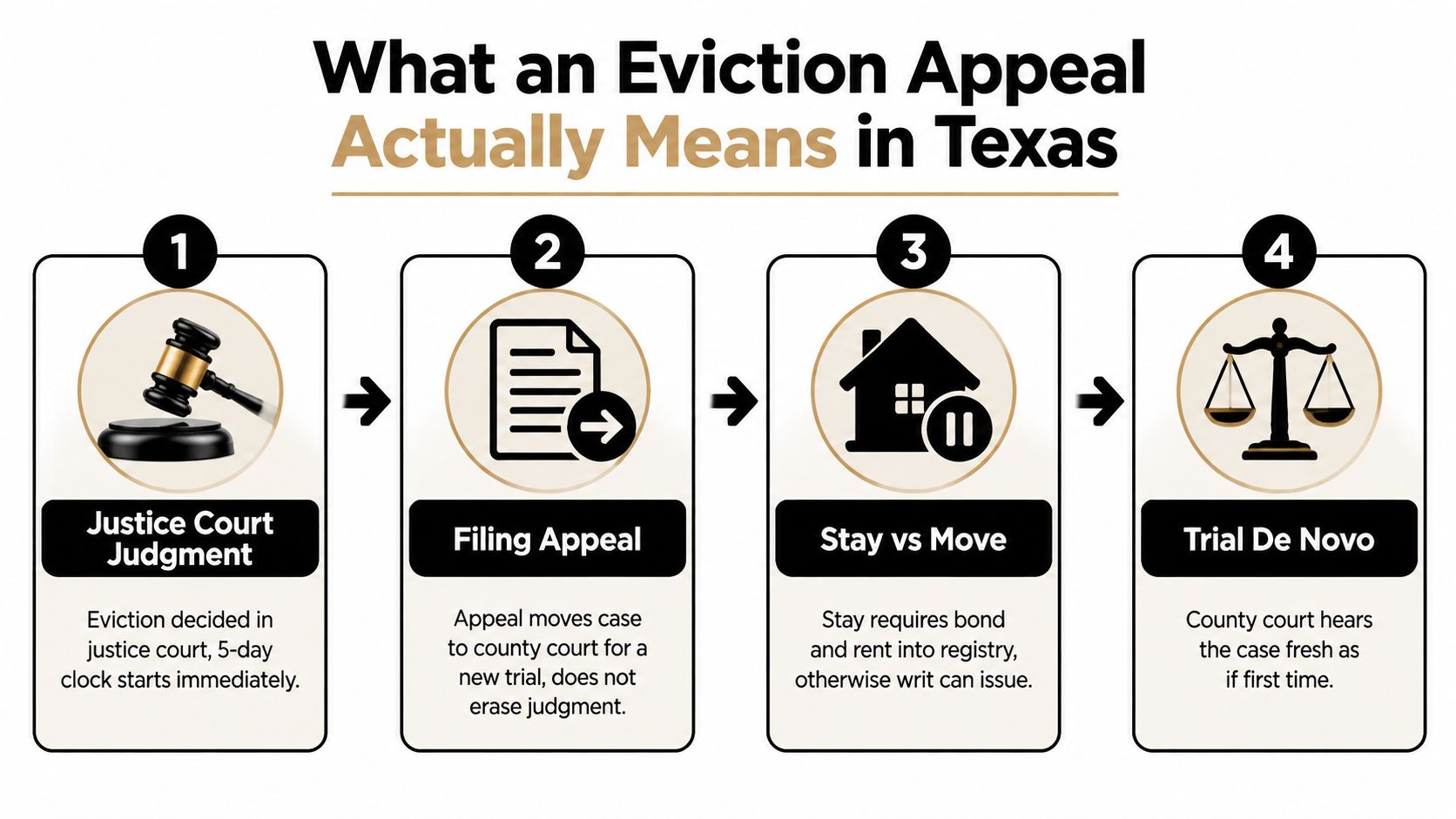 A four-step infographic illustrating the legal process of appealing an eviction case in Texas courts.