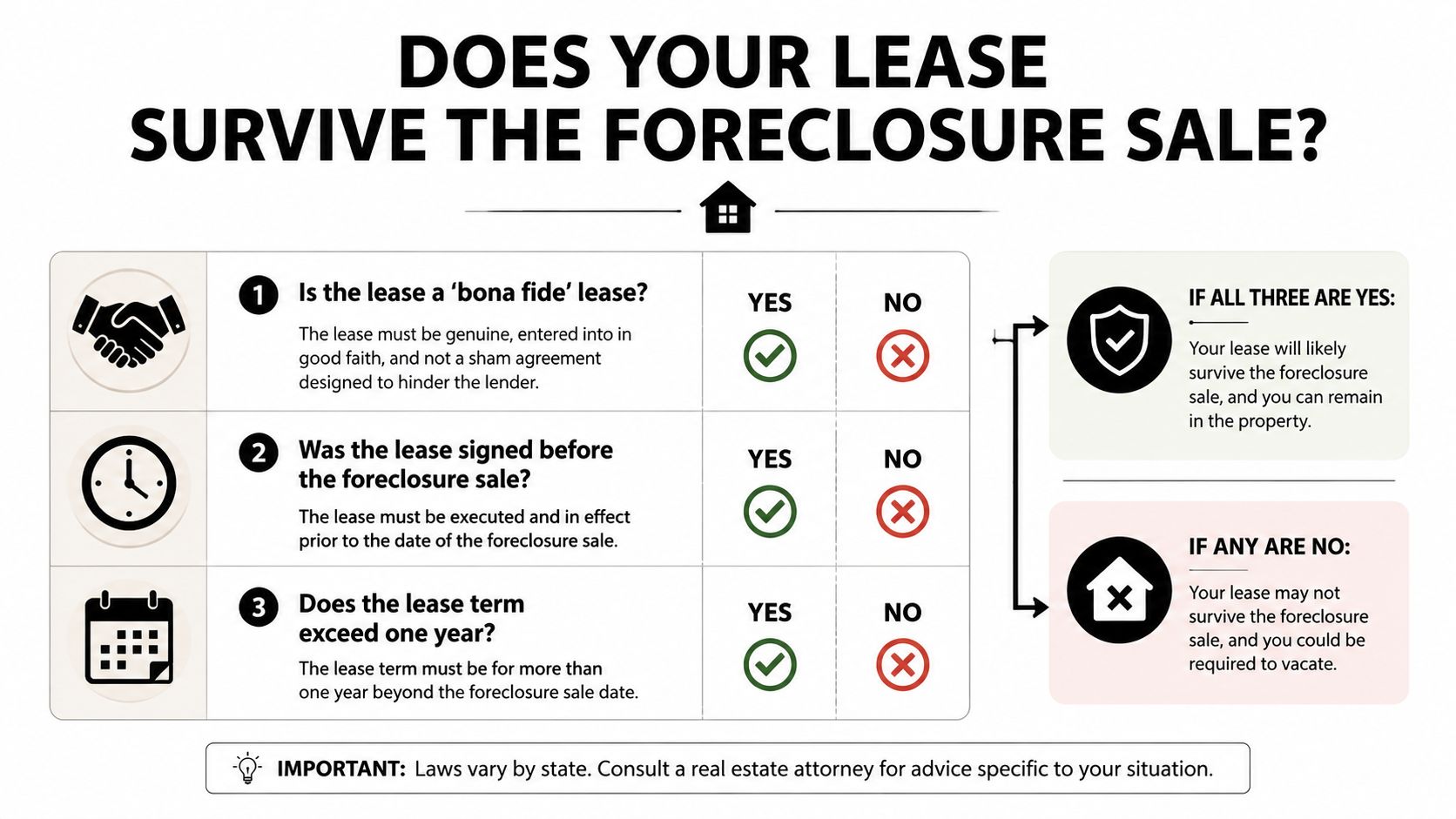 A flowchart infographic outlining the criteria for determining if a residential lease survives a foreclosure sale.